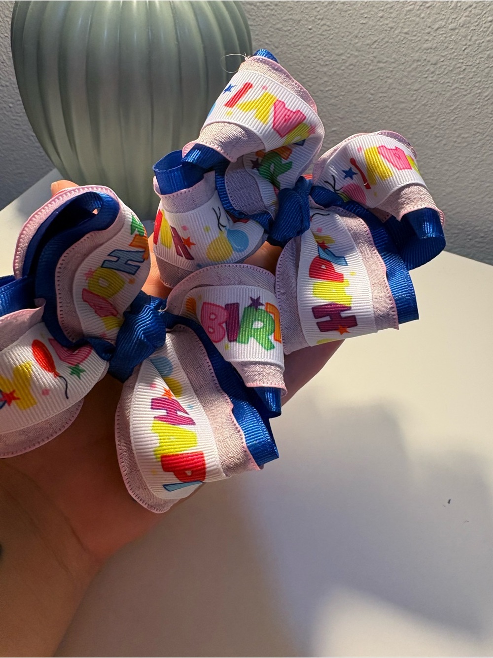 Birthday Print Kids Hair Bows in Pink & Blue